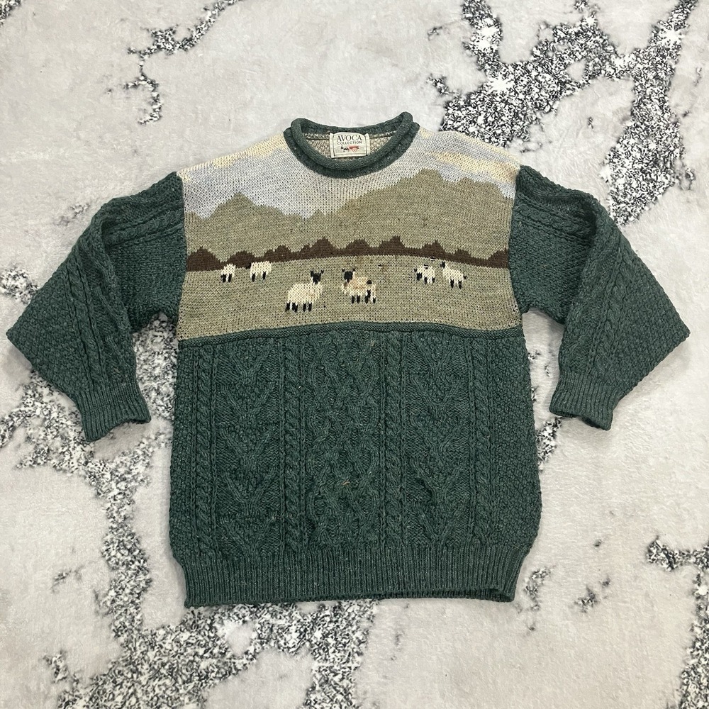 Avoca Collection Ireland Wool Sheep Sweater Green Cable Knit Size Large